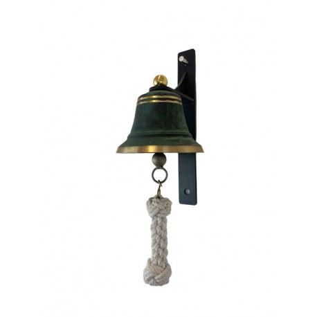 SET: Tiroler Glocke grün patiniert (geölt) Ø 12 cm mit Ringklöppel, Läuteseil (weiß) und Wandgehänge