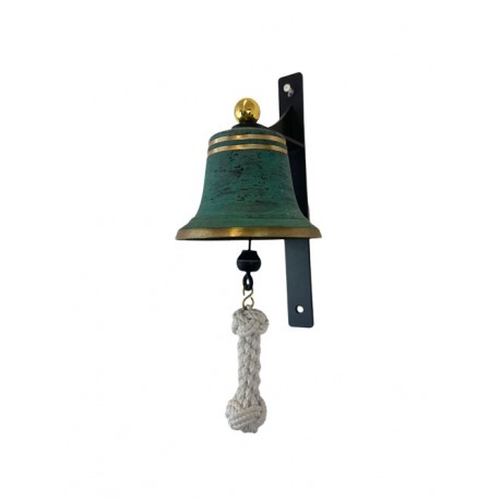 SET: Tiroler Glocke grün patiniert geölt Ø 14 cm mit Ringklöppel, Läuteseil (weiß) und Wandgehänge