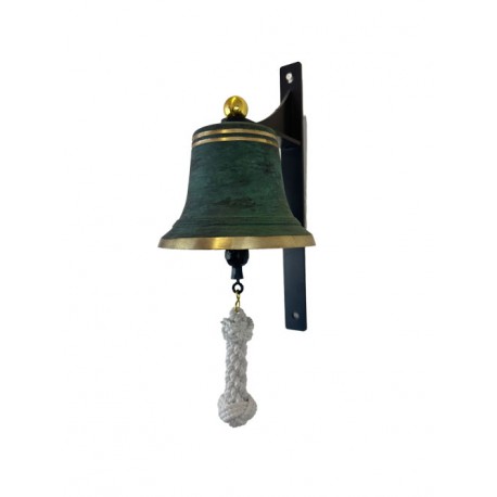 SET: Tiroler Glocke grün patiniert geölt Ø 16 cm mit Ringklöppel, Läuteseil (weiß) und Wandgehänge
