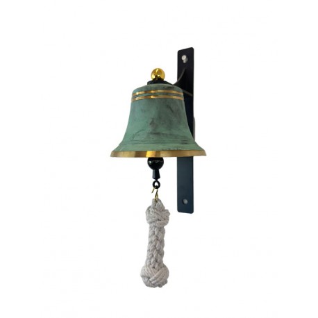 SET: Tiroler Glocke grün patiniert Ø 14 cm mit Ringklöppel, Läuteseil (weiß) und Wandgehänge
