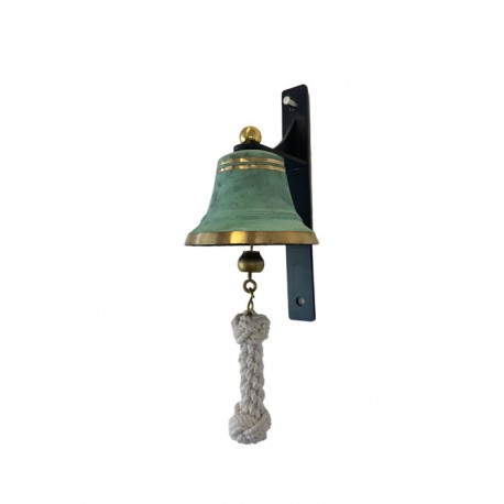 SET: Tiroler Glocke grün patiniert Ø 12 cm mit Ringklöppel, Läuteseil (weiß) und Wandgehänge